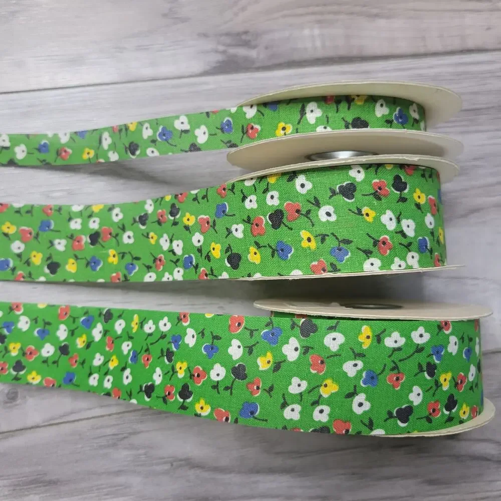 Vintage Calico Green Floral Print Cut Edge Ribbon (3 rolls)